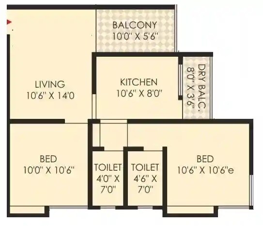 Floor plan of 2 BHK 648 Sq. Ft. Apartment in Yog Kalpvishwa, Pune