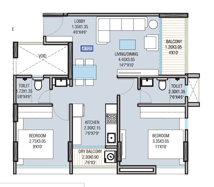 Floor plan of 2 BHK 756 Sq. Ft. Apartment in Yogesh Gandharv Marigold, Pune