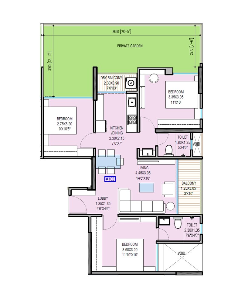 Floor plan of 2 BHK 952 Sq. Ft. Apartment in Yogesh Gandharv Marigold, Pune