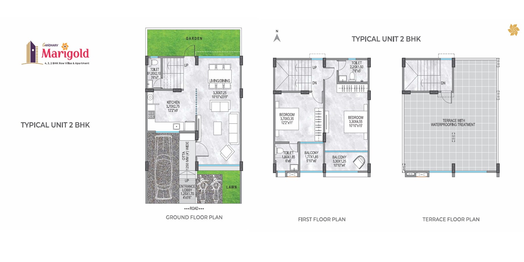 Floor plan of 2 BHK 963 Sq. Ft. Row House in Yogesh Gandharv Marigold, Pune