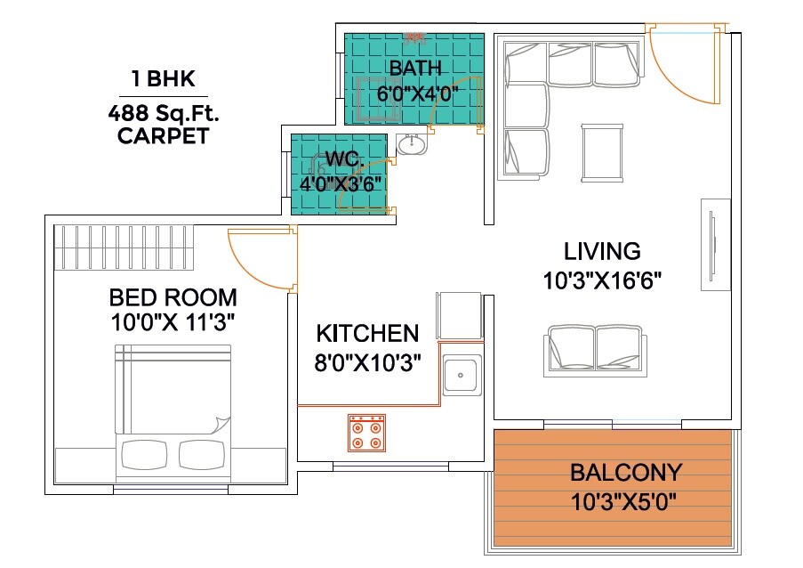 Floor plan of 1 BHK 488 Sq. Ft. Apartment in Yogesh Gandharv Mithila, Pune