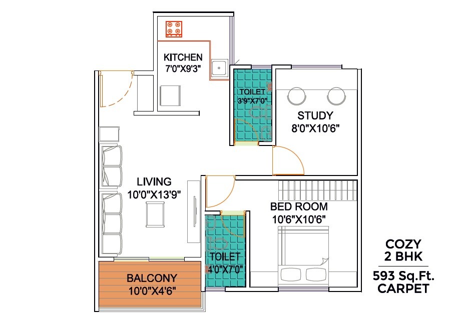 Floor plan of 2 BHK 593 Sq. Ft. Apartment in Yogesh Gandharv Mithila, Pune