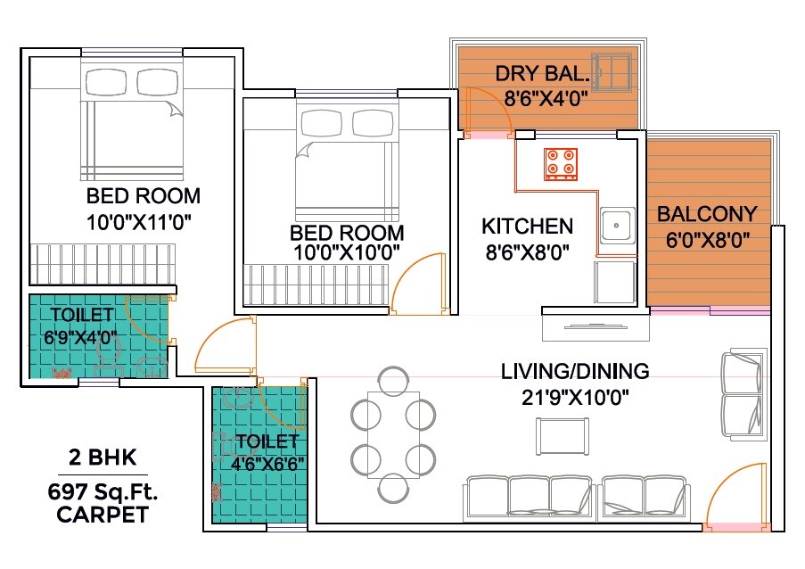 Floor plan of 2 BHK 697 Sq. Ft. Apartment in Yogesh Gandharv Mithila, Pune