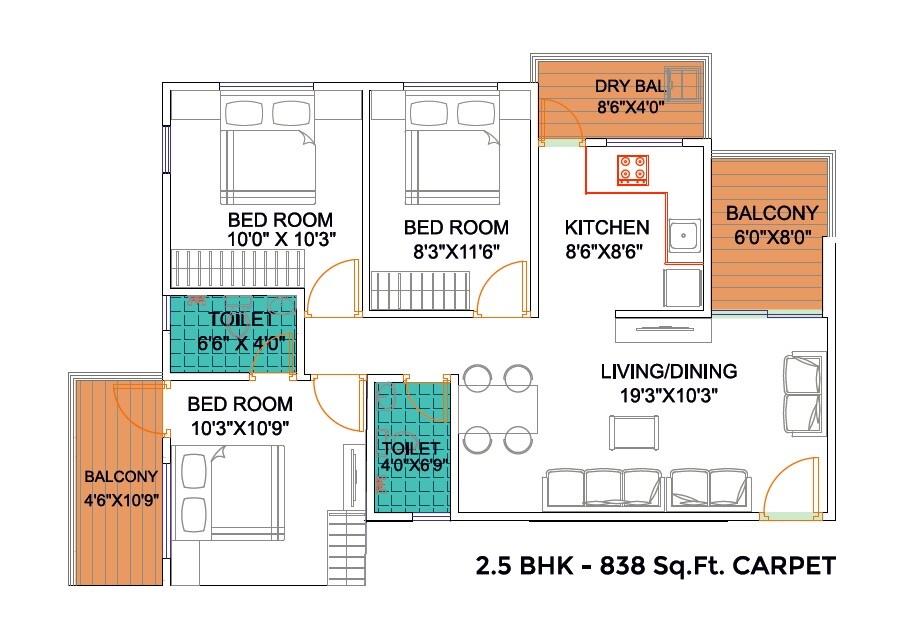 Floor plan of 3 BHK 838 Sq. Ft. Apartment in Yogesh Gandharv Mithila, Pune