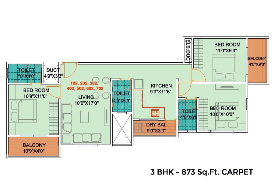 Floor plan of 3 BHK 873 Sq. Ft. Apartment in Yogesh Gandharv Mithila, Pune