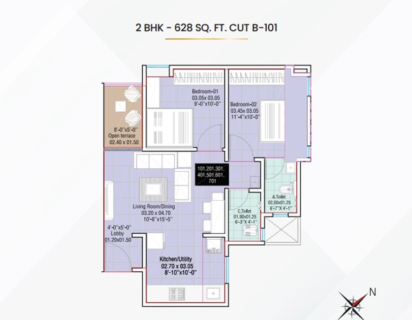 Floor plan of 2 BHK 628 Sq. Ft. Apartment in Yogesh Gandharv Nagari, Pune