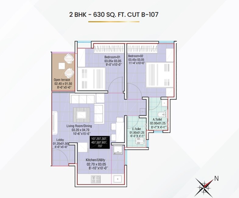 Floor plan of 2 BHK 630 Sq. Ft. Apartment in Yogesh Gandharv Nagari, Pune