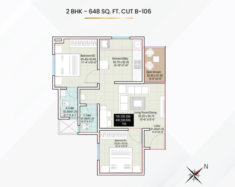 Floor plan of 2 BHK 648 Sq. Ft. Apartment in Yogesh Gandharv Nagari, Pune