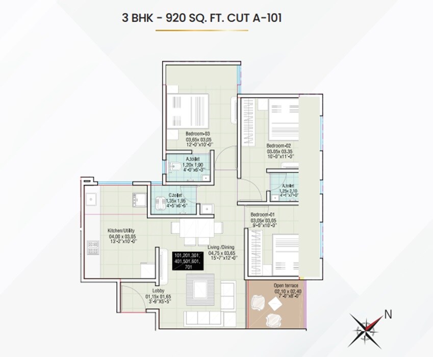 Floor plan of 3 BHK 920 Sq. Ft. Apartment in Yogesh Gandharv Nagari, Pune