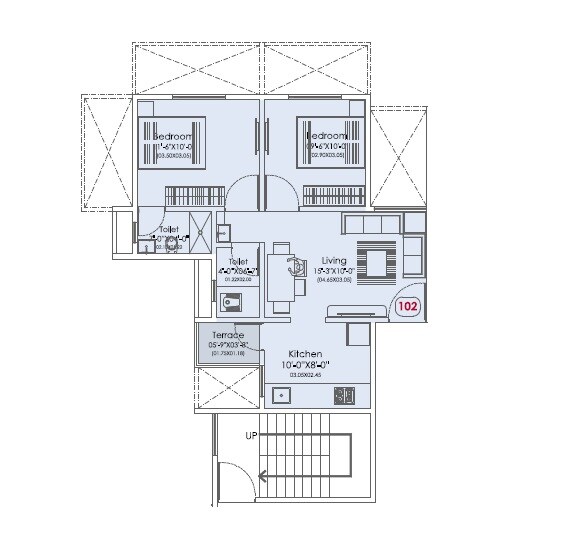 Floor plan of 2 BHK 539 Sq. Ft. Apartment in Yogesh Gandharva Excellence, Pune