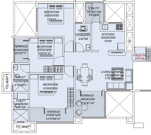 Floor plan of 3 BHK 690 Sq. Ft. Apartment in Yogesh Gandharva Excellence, Pune