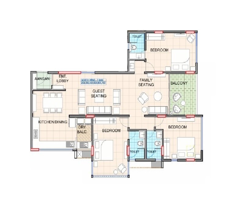 Floor plan of 3 BHK Apartment - 1570 sq. ft. in Yugal Aneesha, Pune