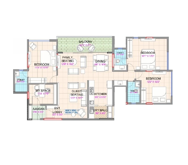 Floor plan of 3 BHK Apartment - 1576 sq. ft. in Yugal Aneesha, Pune