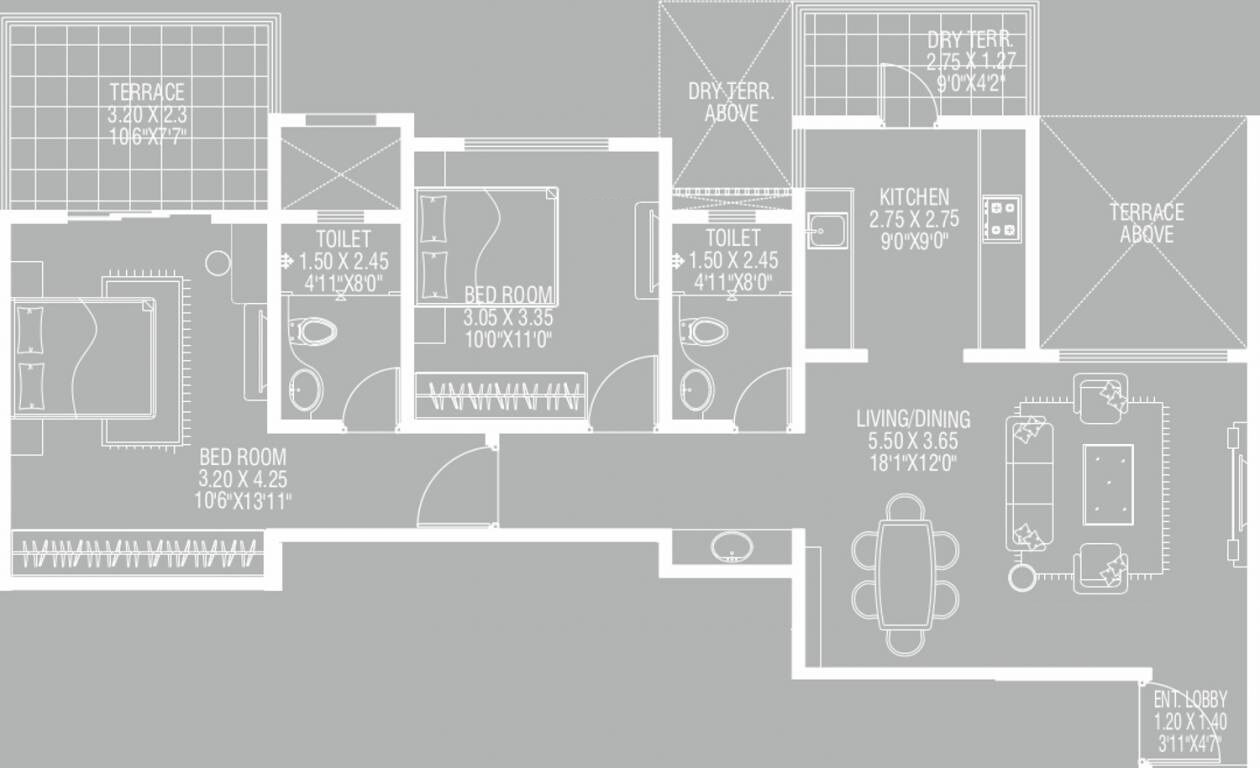 2 BHK 714 Sq. Ft. Apartment