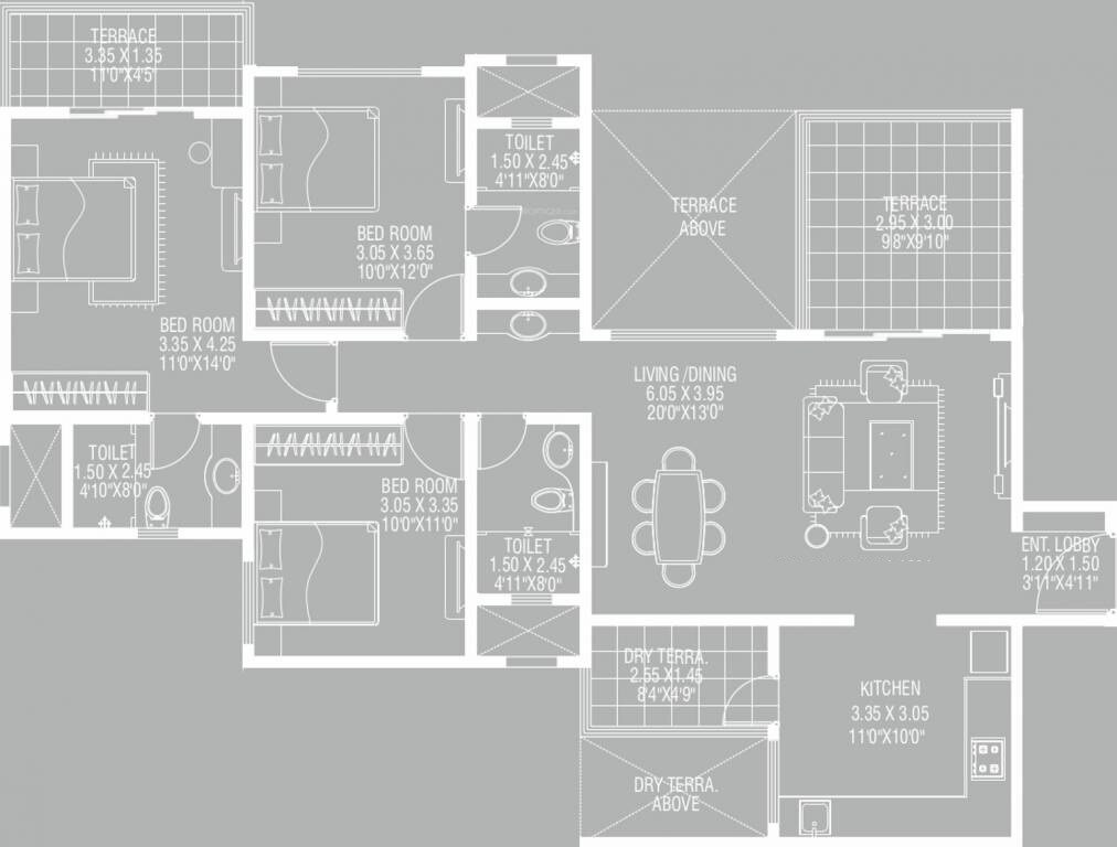 3 BHK 824 Sq. Ft. Apartment