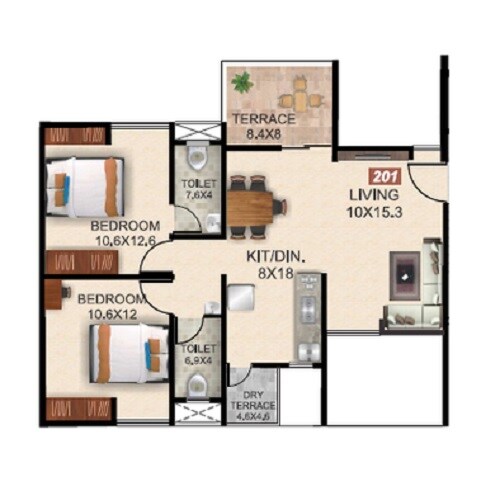 Floor plan of 2 BHK 895 Sq. Ft. Apartment in Zende Alcove, Pune