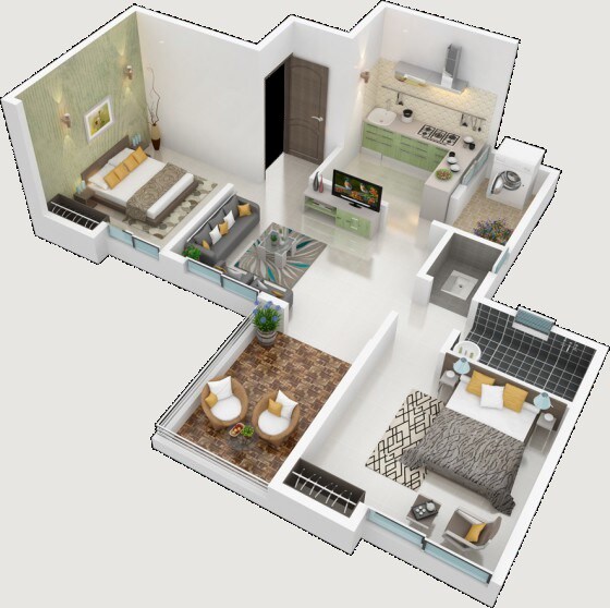 Floor plan of 2 BHK 634 Sq. Ft. Apartment in Zenith Utsav Residency, Pune