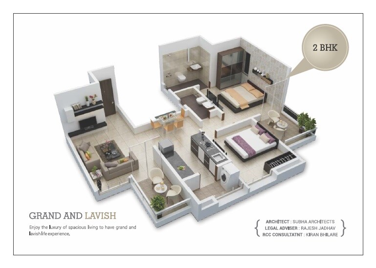 Floor plan of 2 BHK 620 Sq. Ft. Apartment in Zinnia Elegans, Pune