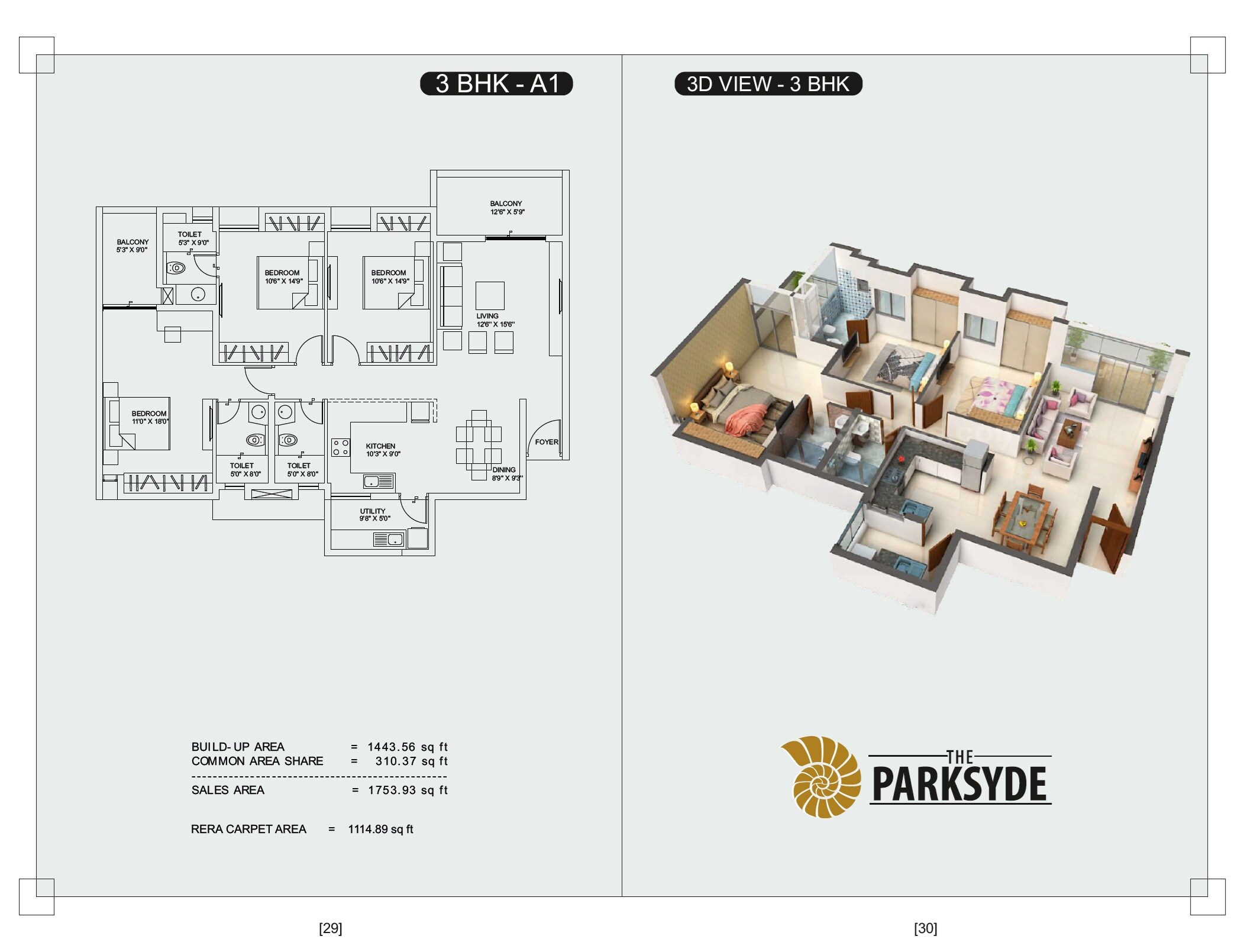 Floor plan of 3 BHK 1754 Sq. Ft. Apartment in Rishabh The Parksyde, Raipur