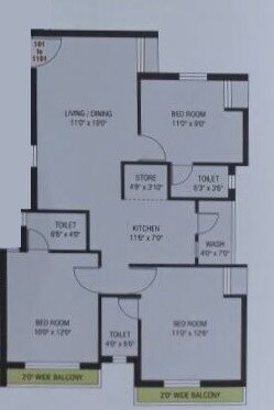Floor plan of 3 BHK 804 Sq. Ft. Apartment in Shreeji Dreamville, Rajkot