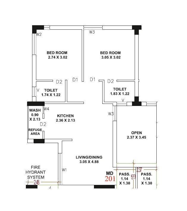 Floor plan of 2 BHK 506 Sq. Ft. Apartment in Viral Avenue, Rajkot