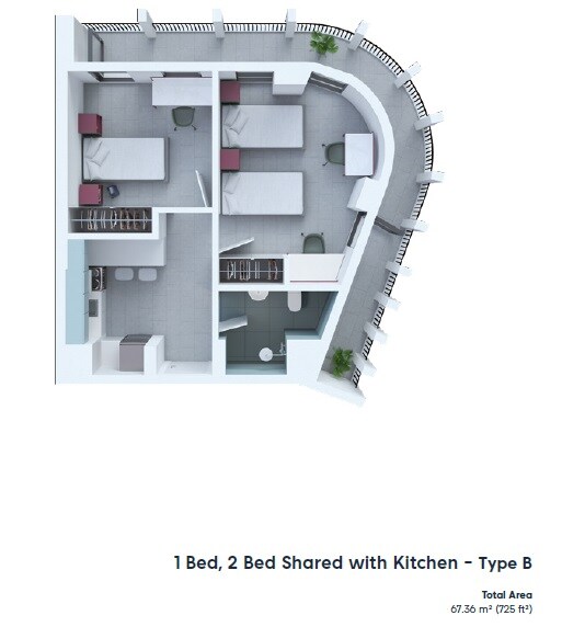 3 Beds 725 Sq. Ft. Apartment
