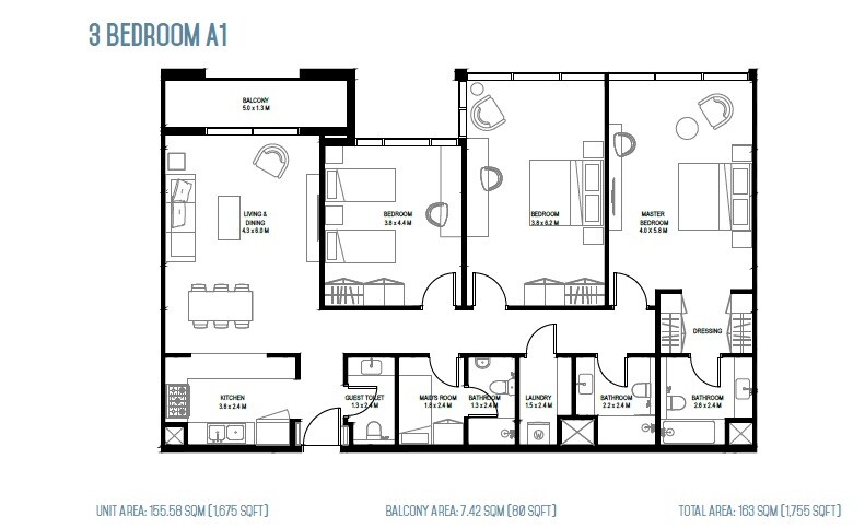 3 Beds 1755 Sq. Ft. Apartment