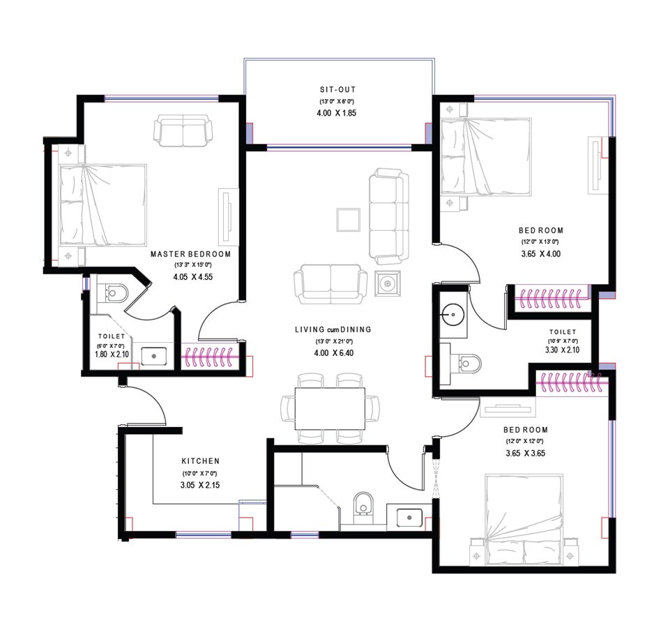 Floor plan of 3 BHK 1725 Sq. Ft. Apartment in The Forest Chalet, Shimla