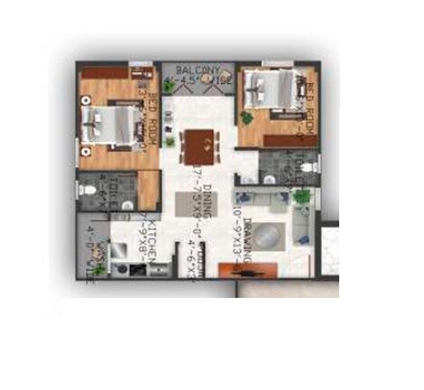 Floor plan of 2 BHK 1066 Sq. Ft. Apartment in Go Green Grand, Siddipet