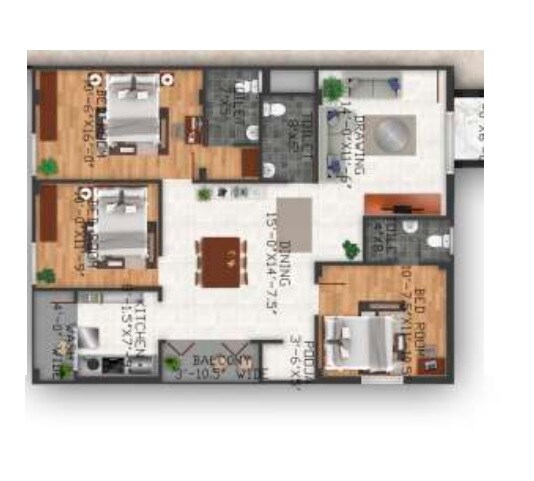 Floor plan of 3 BHK 1502 Sq. Ft. Apartment in Go Green Grand, Siddipet