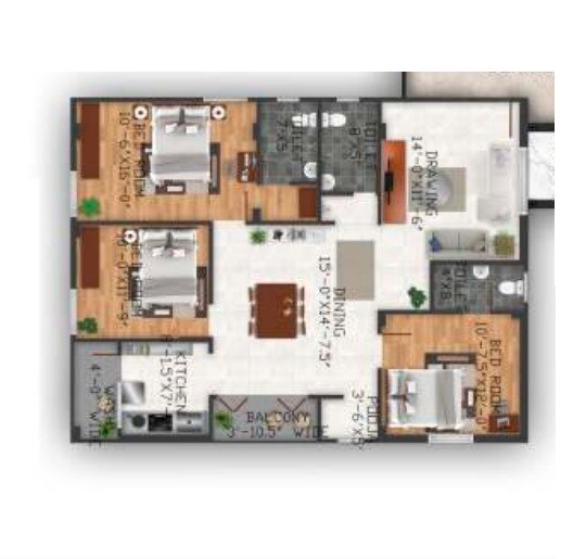Floor plan of 3 BHK 1546 Sq. Ft. Apartment in Go Green Grand, Siddipet