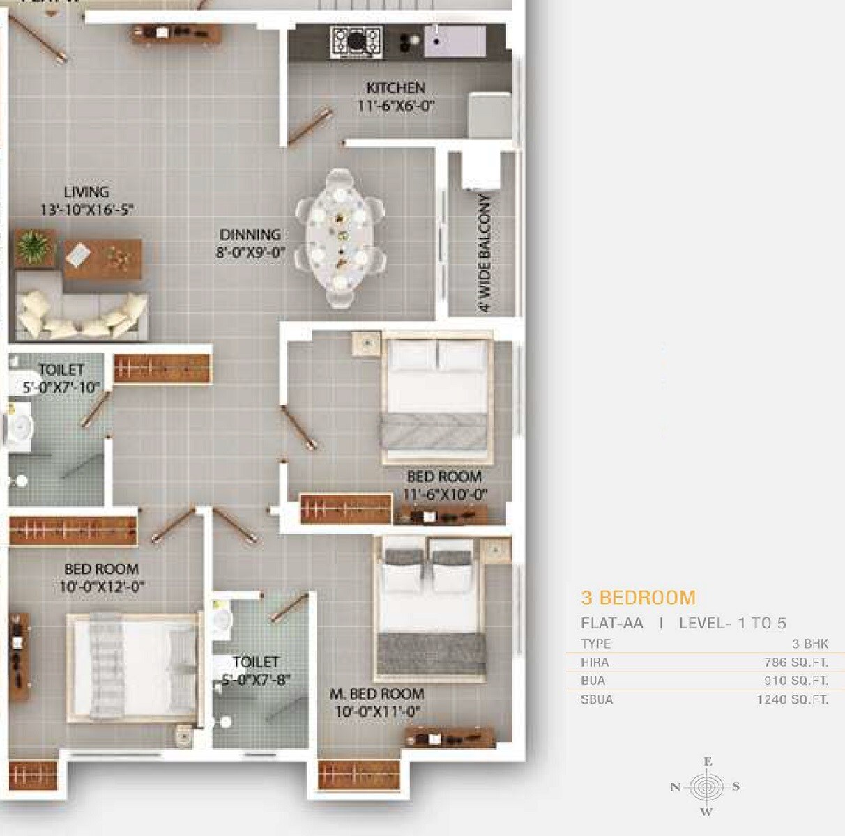 Floor plan of 3 BHK 1240 Sq. Ft. Apartment in MK Sanskriti, Siliguri