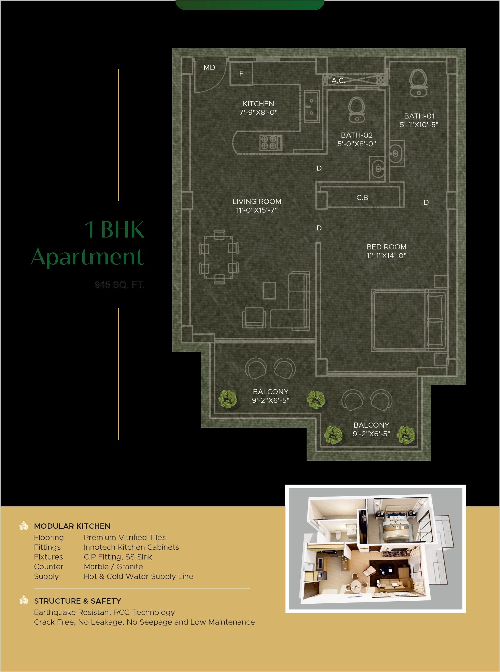 Floor plan of 1 BHK 945 Sq. Ft. Apartment in Rosero Hazelwood, Solan