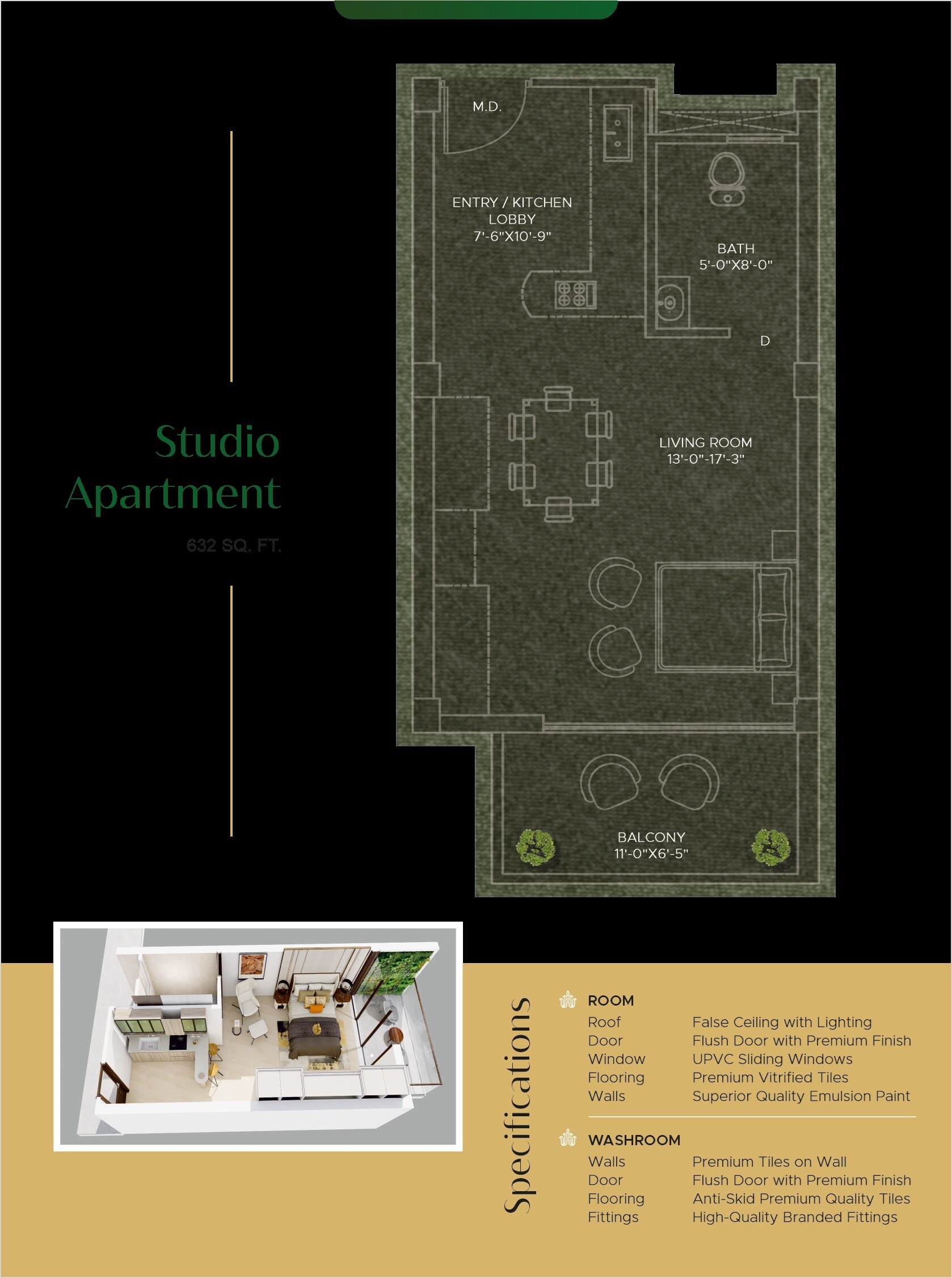 Floor plan of 632 Sq. Ft. Studio in Rosero Hazelwood, Solan
