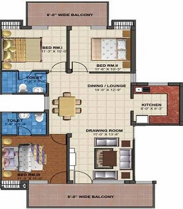 Floor plan of 3 BHK 2705 Sq. Ft. Apartment in Emperor Floors, Sonipat