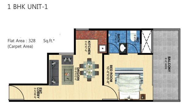 Floor plan of 1 BHK 328 Sq. Ft. Apartment in Maxheights Dream Homes, Sonipat