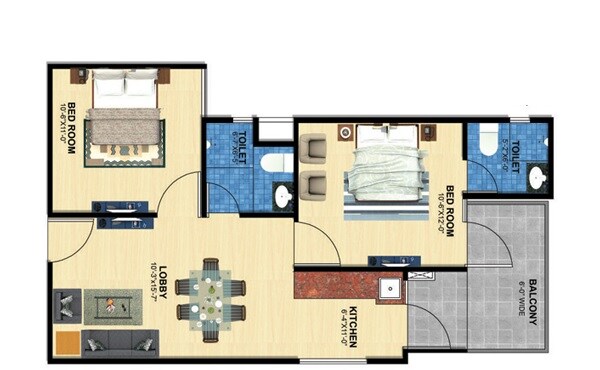 Floor plan of 2 BHK 596 Sq. Ft. Apartment in Maxheights Dream Homes, Sonipat