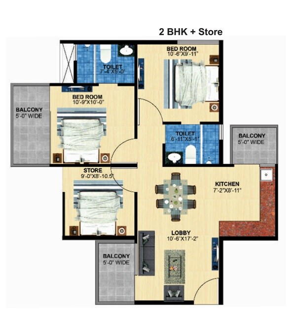 Floor plan of 2 BHK 950 Sq. Ft. Apartment in Maxheights Dream Homes, Sonipat