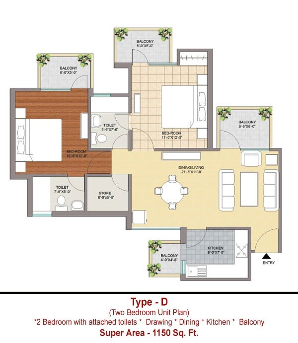 Floor plan of 2 BHK 1150 Sq. Ft. Apartment in Maxhights Metroview, Sonipat