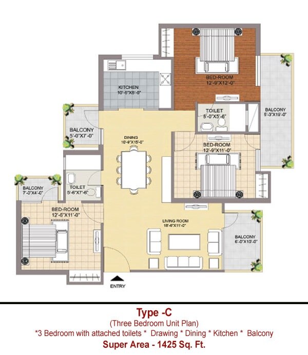 Floor plan of 3 BHK 1425 Sq. Ft. Apartment in Maxhights Metroview, Sonipat