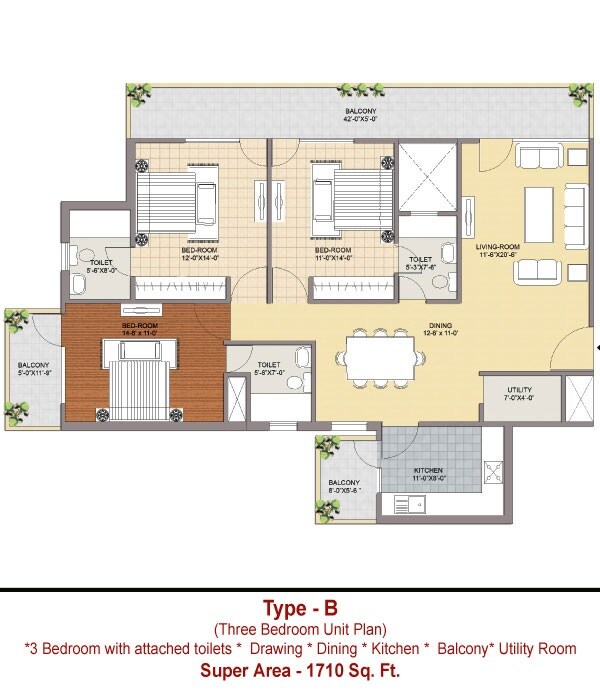 Floor plan of 3 BHK 1710 Sq. Ft. Apartment in Maxhights Metroview, Sonipat