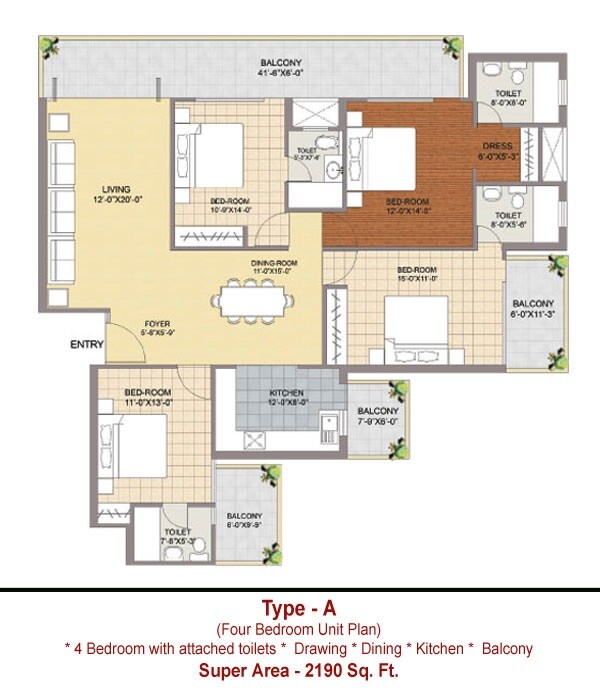 Floor plan of 4 BHK 2190 Sq. Ft. Apartment in Maxhights Metroview, Sonipat