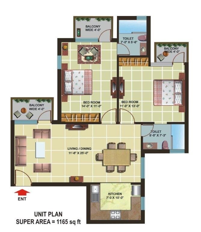Floor plan of 2 BHK 1165 Sq. Ft. Apartment in Omaxe Heights Sonipat, Sonipat