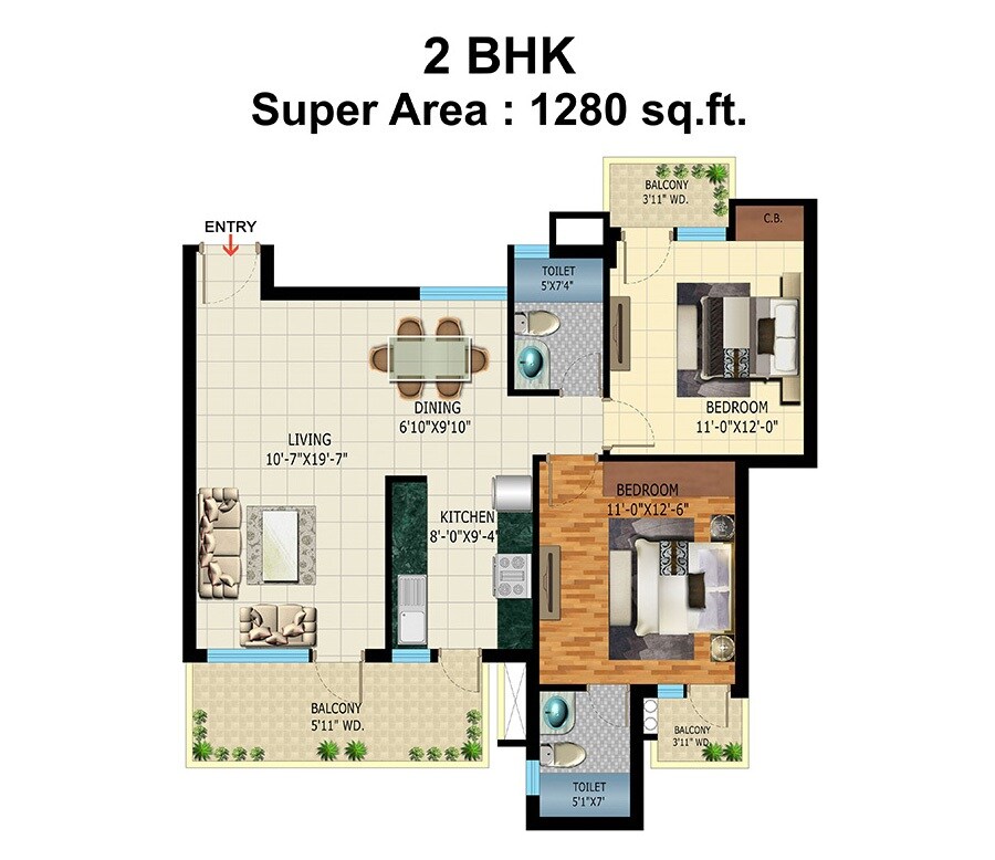 Floor plan of 2 BHK 1280 Sq. Ft. Apartment in Pardesi Ushay Tower, Sonipat