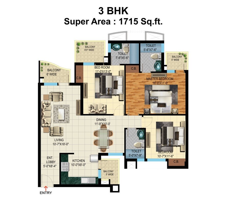 Floor plan of 3 BHK 1715 Sq. Ft. Apartment in Pardesi Ushay Tower, Sonipat