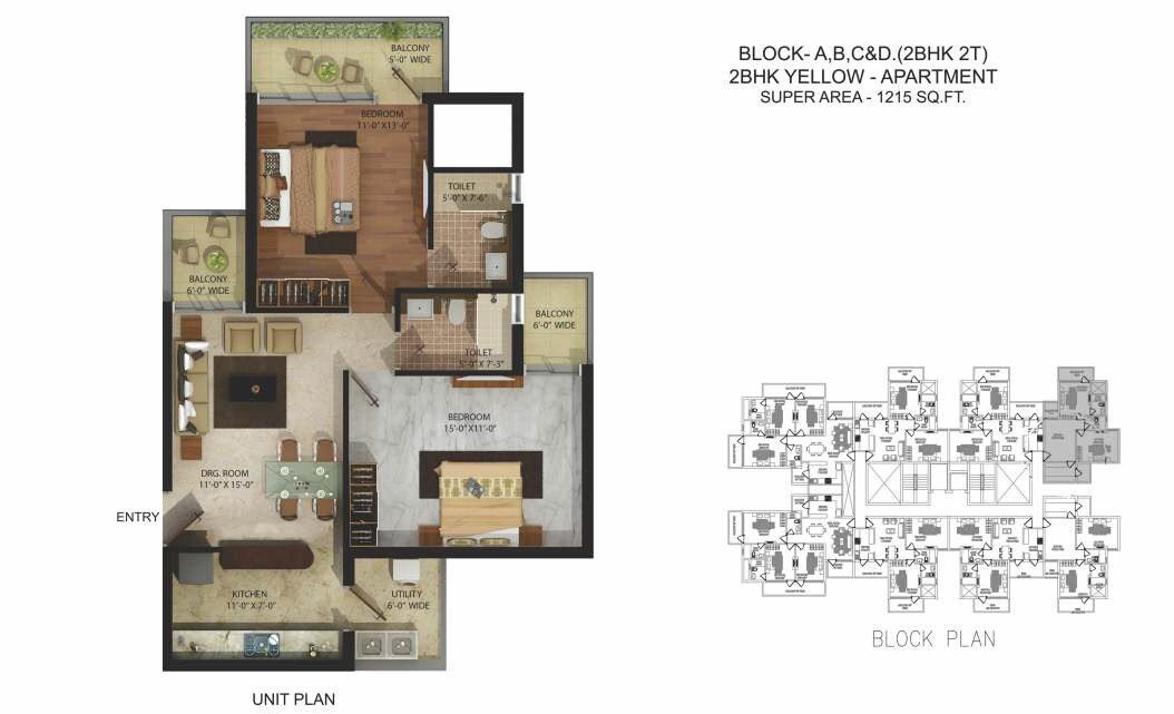 Floor plan of 2 BHK 1215 Sq. Ft. Apartment in Parker White Lily, Sonipat