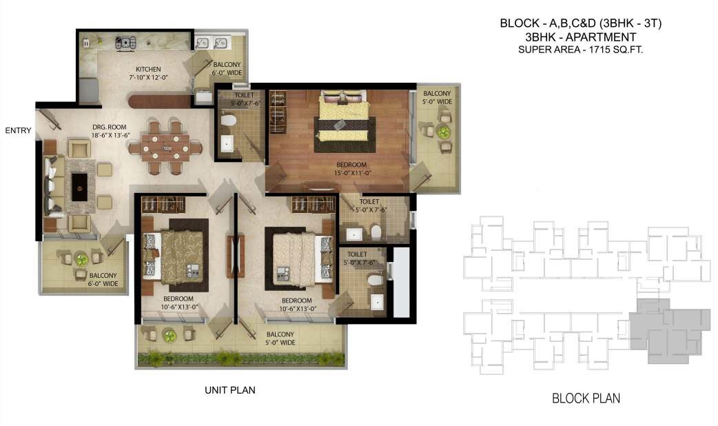 Floor plan of 3 BHK 1715 Sq. Ft. Apartment in Parker White Lily, Sonipat