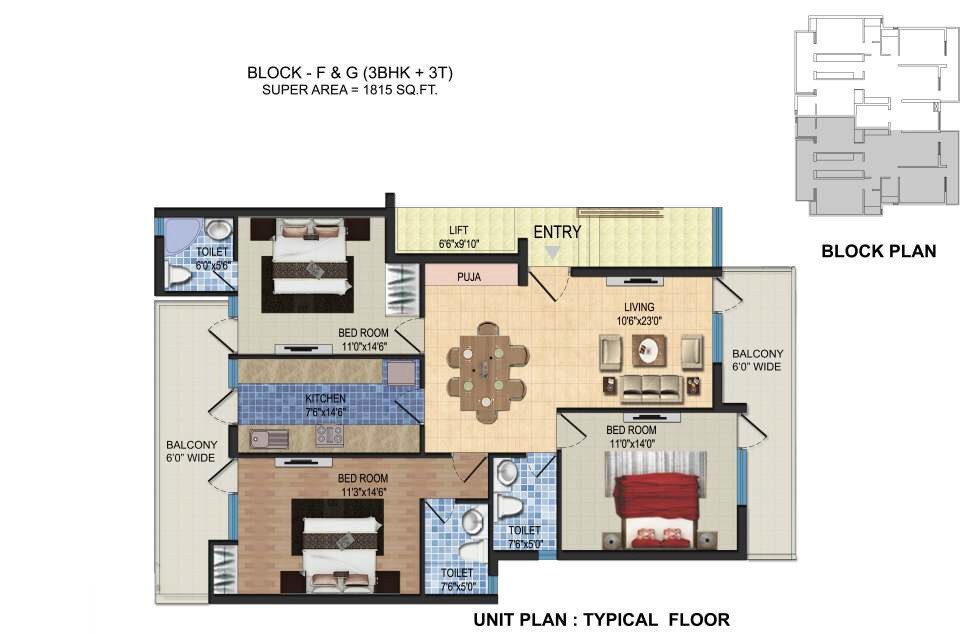 Floor plan of 3 BHK 1815 Sq. Ft. Apartment in Parker White Lily, Sonipat