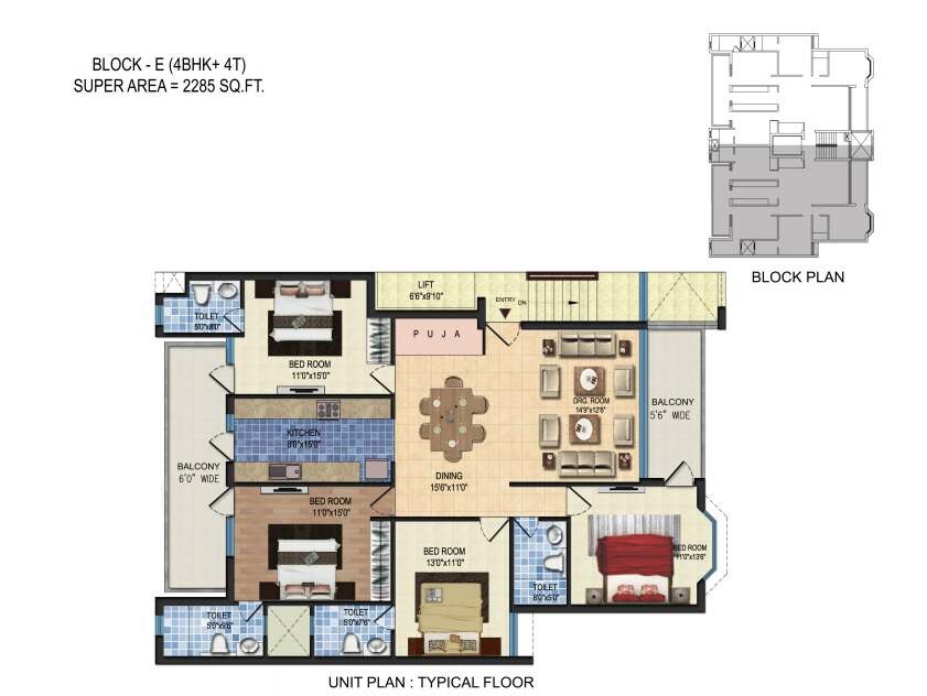 Floor plan of 4 BHK 2285 Sq. Ft. Apartment in Parker White Lily, Sonipat