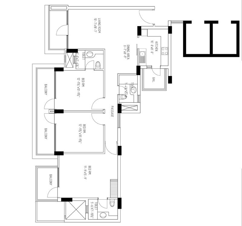 Floor plan of 3 BHK 1625 Sq. Ft. Apartment in TDI City Kingsbury, Sonipat